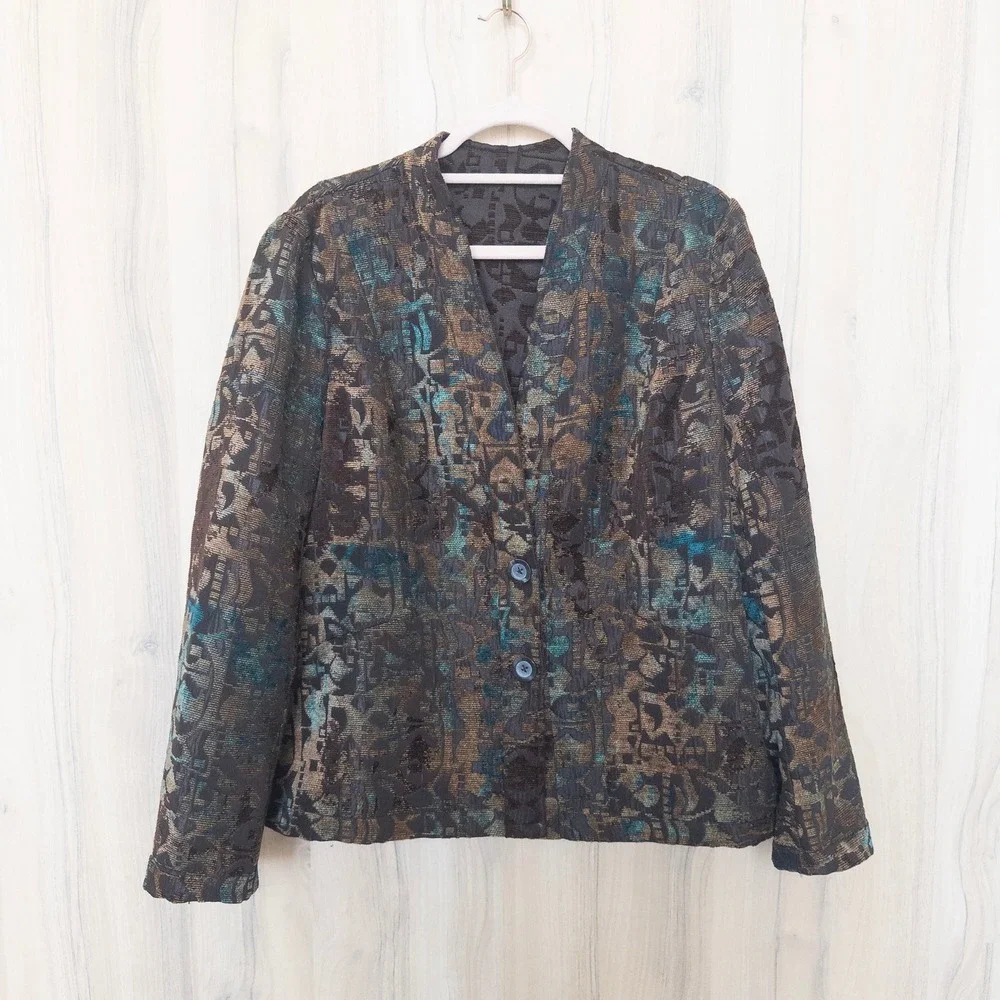 VTG Coldwater Creek Womens Blazer Jacket L‎ Brown Abstract Tapestry Art To Wear